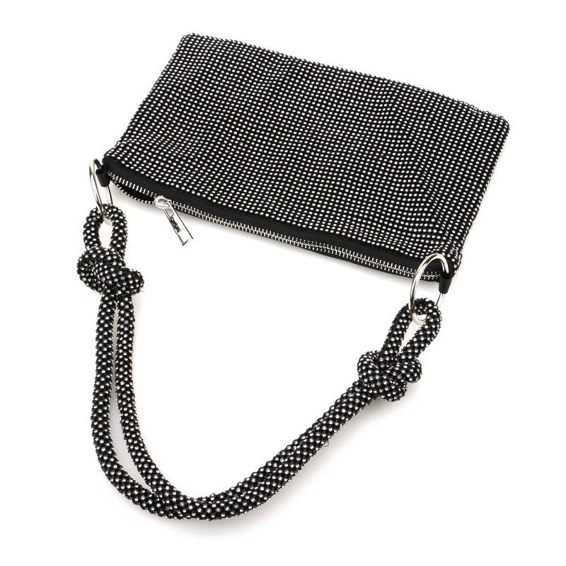Schwarze Party-Schultertasche Mit Glänzendem, Kristallverziertem Knotendetail