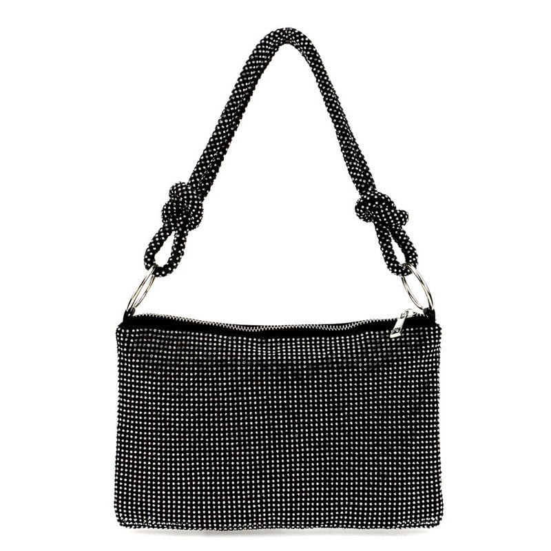 Schwarze Party-Schultertasche Mit Glänzendem, Kristallverziertem Knotendetail