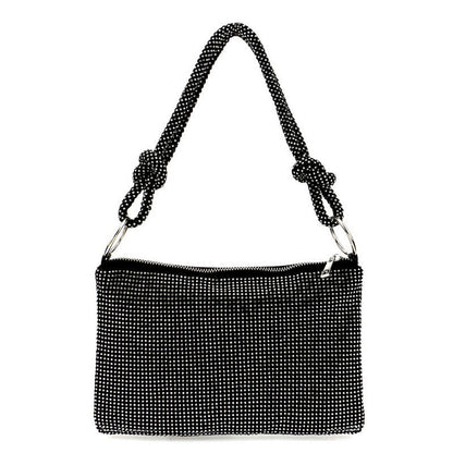 Schwarze Party-Schultertasche Mit Glänzendem, Kristallverziertem Knotendetail