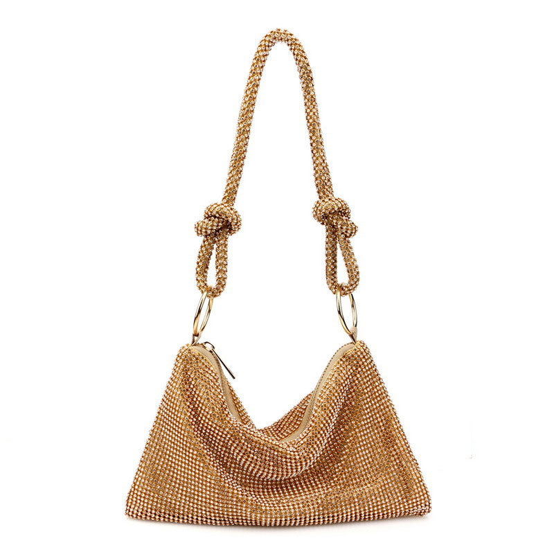 Goldfarbene, Glänzende, Mit Kristallen Verzierte Schultertasche Mit Knotendetail