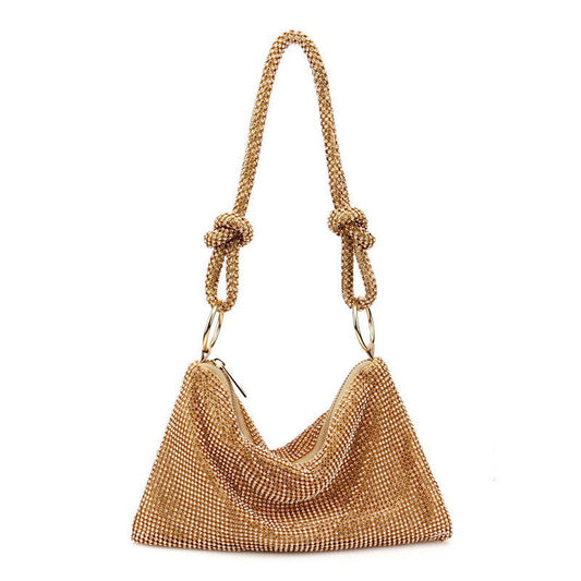 Goldfarbene, Glänzende, Mit Kristallen Verzierte Schultertasche Mit Knotendetail