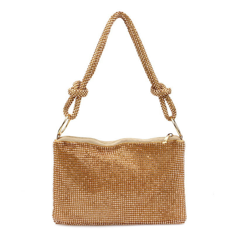 Goldfarbene, Glänzende, Mit Kristallen Verzierte Schultertasche Mit Knotendetail