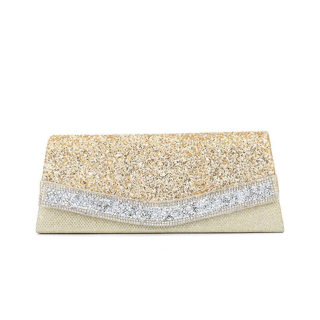 Strukturierte, Goldene Clutch-Abendtasche Mit Funkelnden Strass-Details