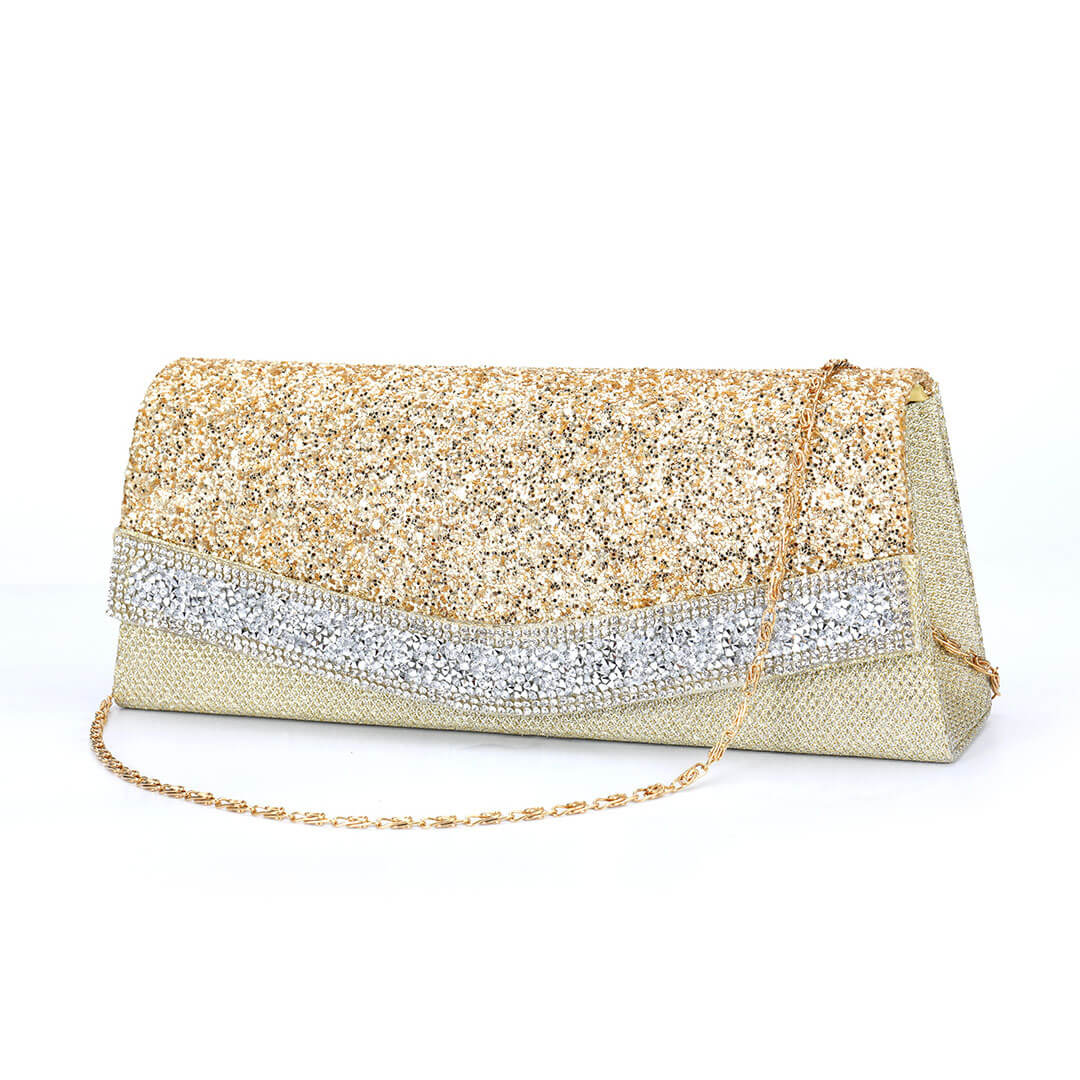 Strukturierte, Goldene Clutch-Abendtasche Mit Funkelnden Strass-Details