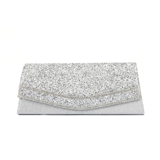 Strukturierte Clutch Mit Überschlag Und Funkelnden Strass-Details – Silber