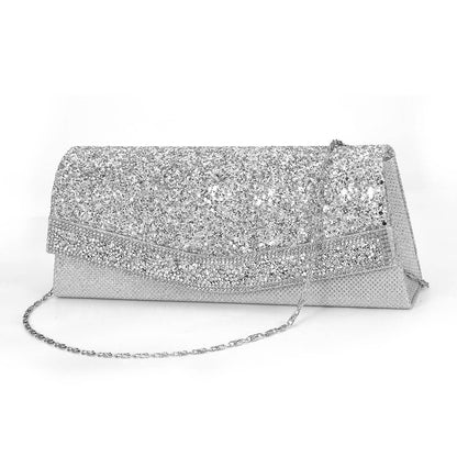 Strukturierte Clutch Mit Überschlag Und Funkelnden Strass-Details – Silber