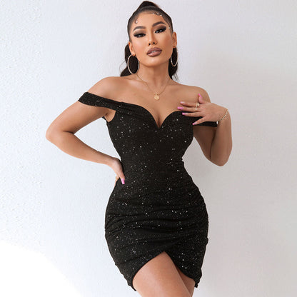 Glitzerndes, Gerafftes, Schulterfreies, Figurbetontes Minikleid - Schwarz