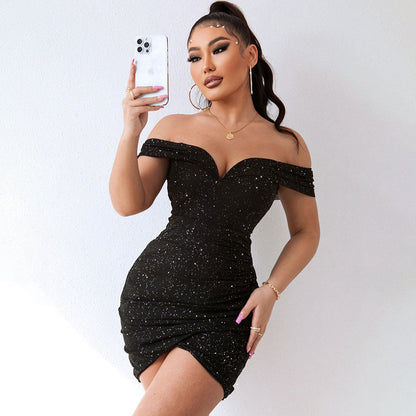 Glitzerndes, Gerafftes, Schulterfreies, Figurbetontes Minikleid - Schwarz