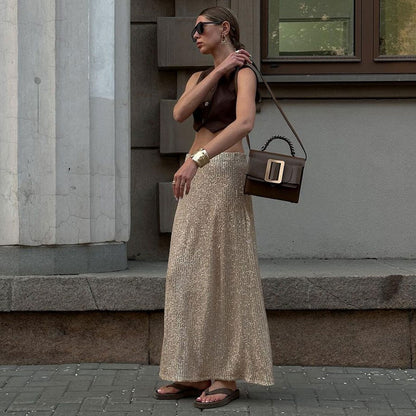 Goldfarbener, Glänzender A-Linien-Maxi-Partyrock İm Disco-Stil Mit Niedriger Taille Und Pailletten