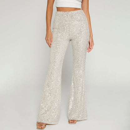 Aprikosenfarbene, Glänzende Party-Paillettenhose Mit Hoher Taille Und Weitem Bein Und Flammenmuster