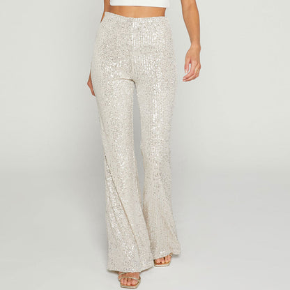 Aprikosenfarbene, Glänzende Party-Paillettenhose Mit Hoher Taille Und Weitem Bein Und Flammenmuster