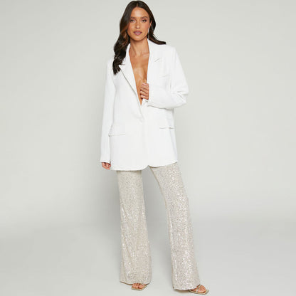 Aprikosenfarbene, Glänzende Party-Paillettenhose Mit Hoher Taille Und Weitem Bein Und Flammenmuster