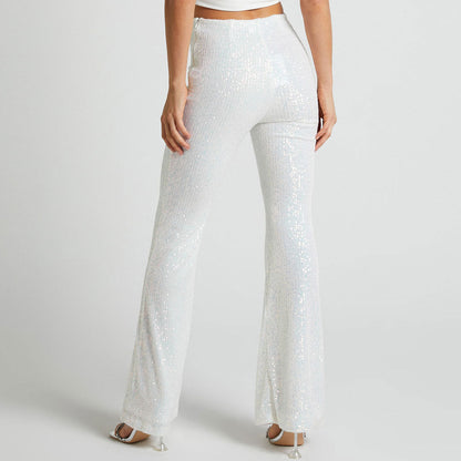 Glänzende Partyhose Mit Hoher Taille Und Weitem Bein Und Rüschen - Weiß