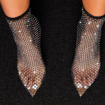 Glänzende, Strass-Verzierte Ankle Heels Mit Spitzer Zehenpartie Und Offenem Mesh - Schwarz