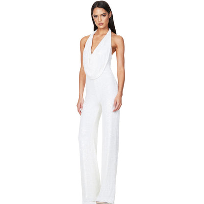 Glänzender, Rückenfreier Neckholder-Jumpsuit İn Weiß Mit Weitem Bein