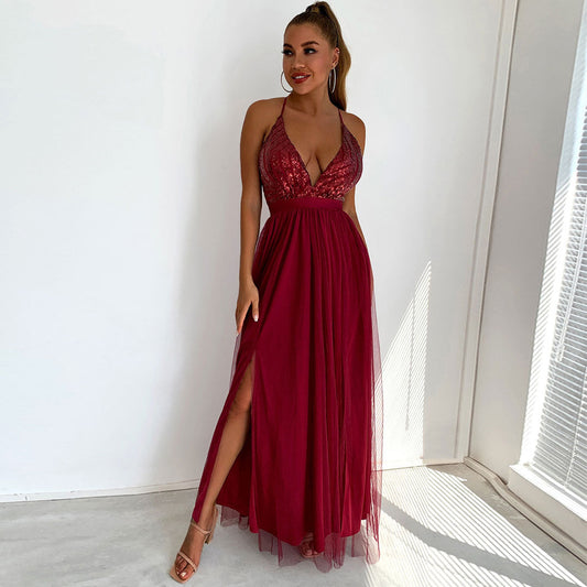 Glänzendes Maxi-Abendkleid Mit Tiefem V-Schlitz Und Offenem Rücken, Pailletten - Burgunderrot