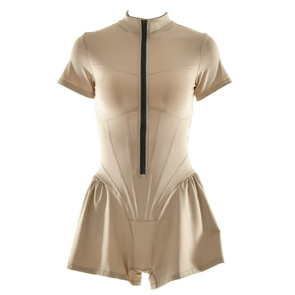 Aprikosenfarbener, Sportlicher Jumpsuit Mit Rüschendetail, Kurzen Ärmeln, Hohem Halsausschnitt Und Reißverschluss