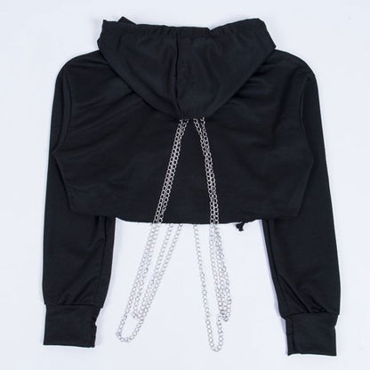 Schulterfreies Crop-Top Mit Langen Ärmeln Und Kapuze Und Metallic-Kette - Schwarz