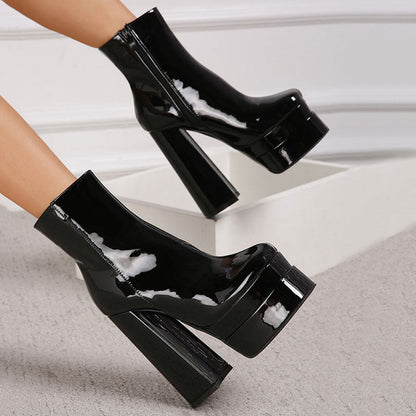 Stilvolle Lackleder-Plateau-Stiefeletten Mit Dickem Absatz - Schwarz