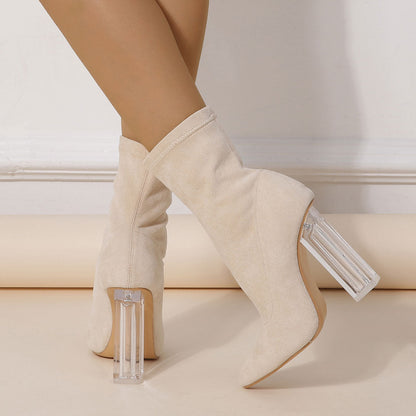 Stilvolle Schuhe Aus Wildleder Mit Spitzer Zehenpartie, Transparentem Blockabsatz Und Absatz - Aprikosenfarbe