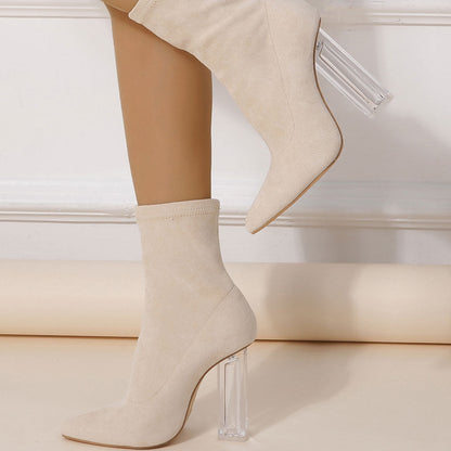 Stilvolle Schuhe Aus Wildleder Mit Spitzer Zehenpartie, Transparentem Blockabsatz Und Absatz - Aprikosenfarbe