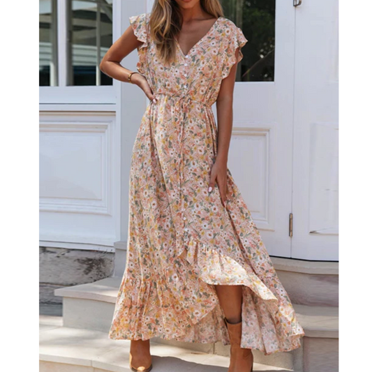 Maxikleid Mit V-Ausschnitt Und Rüschendetail