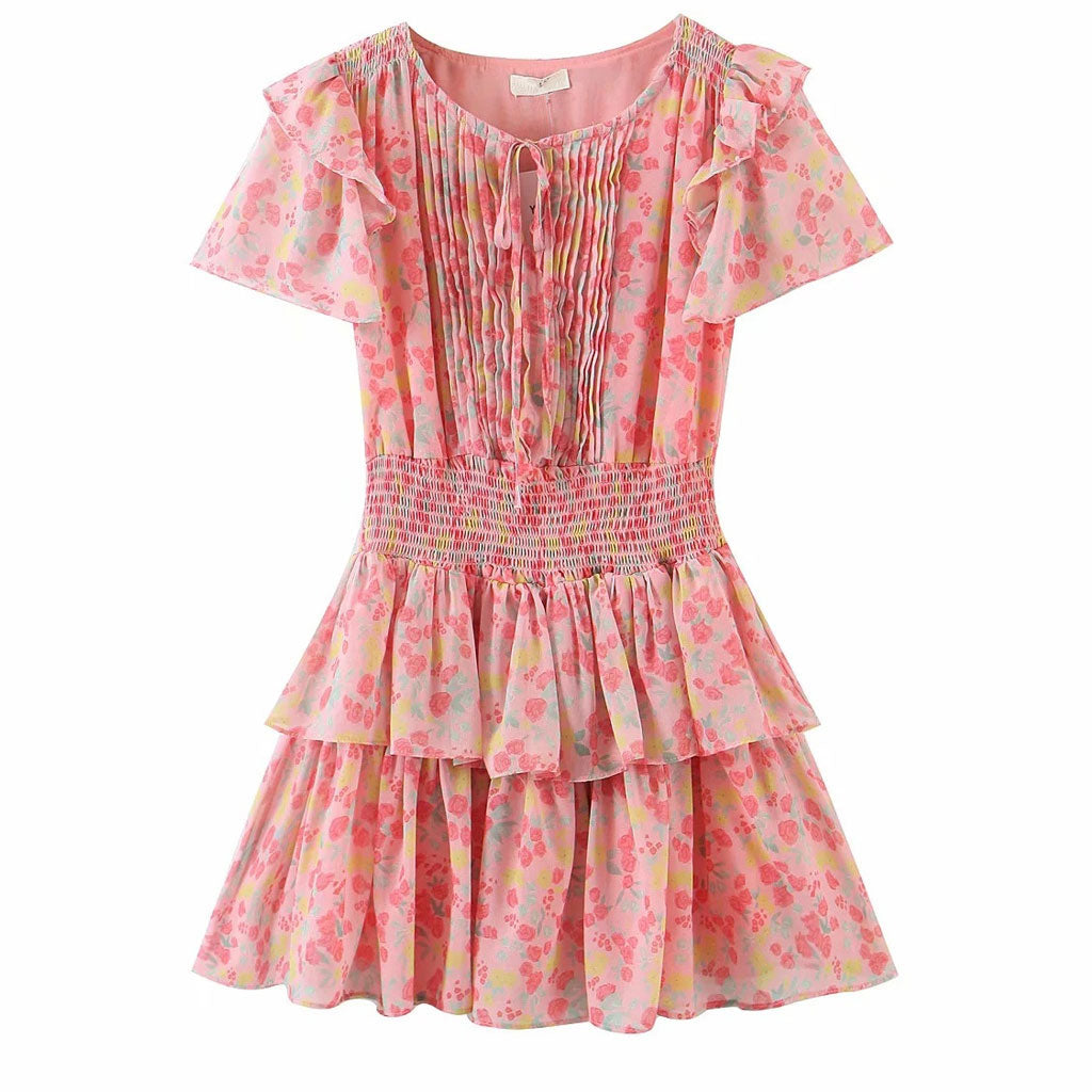 Niedliches Minikleid Mit Rüschen Und Rosa Blumenmuster