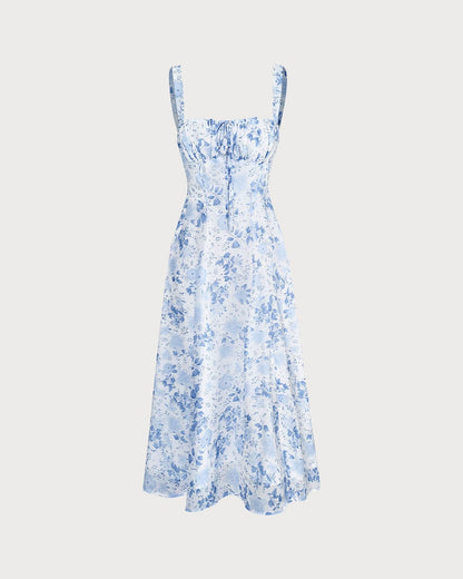 Blaues Midikleid Mit Blumenmuster Und Quadratischem Ausschnitt