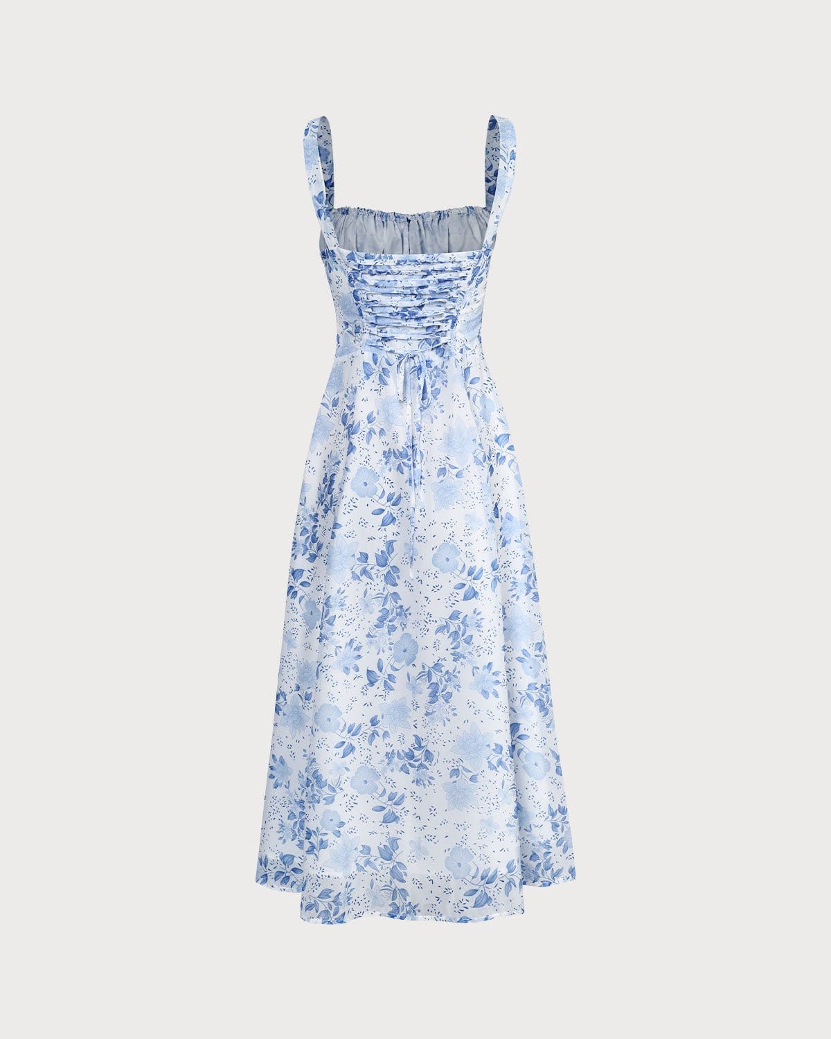 Blaues Midikleid Mit Blumenmuster Und Quadratischem Ausschnitt