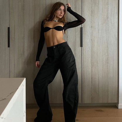 Stilvolles Einfarbiges Langarm-Bralette-Crop-Top Aus Netzstoff - Schwarz