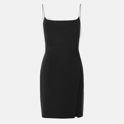 Schickes Schwarzes, Figurbetontes Minikleid Mit Spaghettiträgern Und Schlitz Vorne