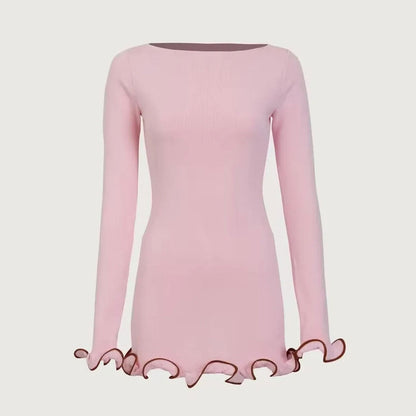 Original Strickkleid Mit U-Boot-Ausschnitt, Langen Ärmeln, Kontrastierendem Volant Und Rippenmuster