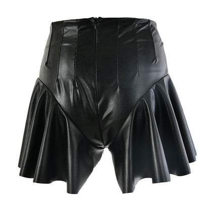 Original High Waist Shorts Aus Schwarzem Leder Mit Reißverschluss Hinten Und Volantdetail