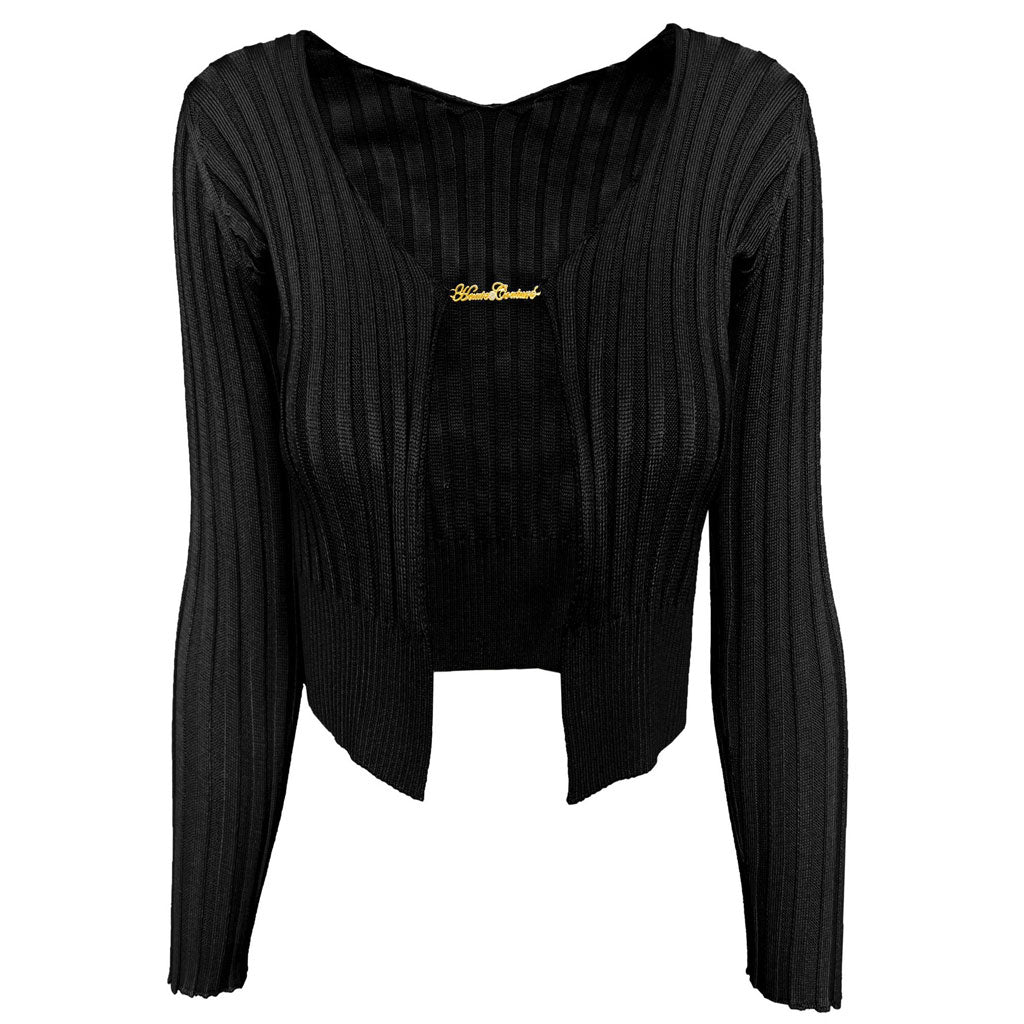 Original Letter Patterned Open Front Long Sleeve Ribbed Short Cardigan - Schwarz