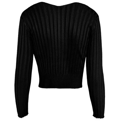 Original Letter Patterned Open Front Long Sleeve Ribbed Short Cardigan - Schwarz