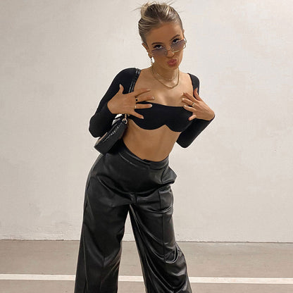 Original Crop-Bralette Mit Eckigem Ausschnitt Und Langen Ärmeln İn Schwarz