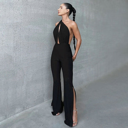 Mehrzweck-Jumpsuit İn Schwarz Mit Tiefem Ausschnitt, Offenem Rücken, Schlitz Und Ausgestelltem Bein