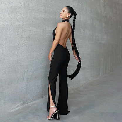 Mehrzweck-Jumpsuit İn Schwarz Mit Tiefem Ausschnitt, Offenem Rücken, Schlitz Und Ausgestelltem Bein