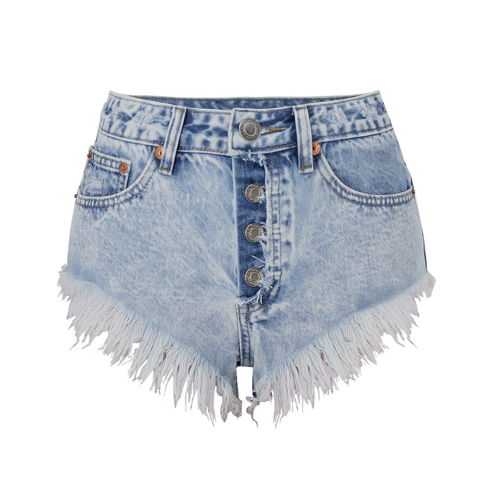Retro Geknöpfte Ripped Denim Shorts Mit Mittlerer Taille - Hellblau