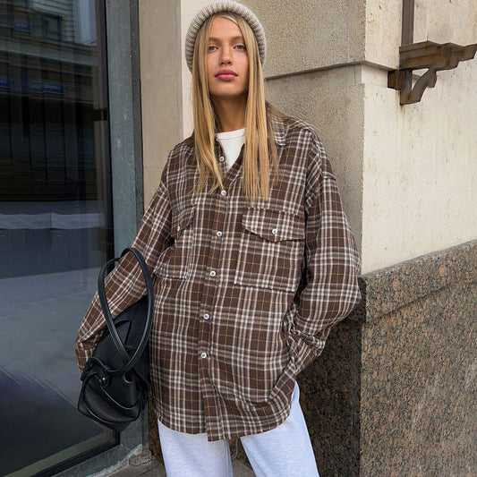 Langes Oversize-Karohemd Mit Retro-Kragen Und Knopfleiste