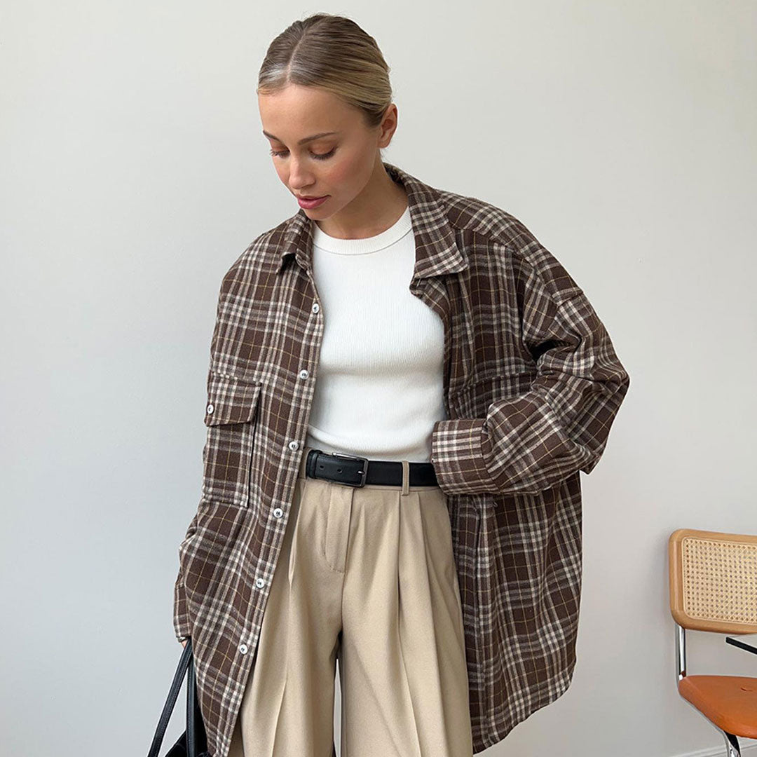 Langes Oversize-Karohemd Mit Retro-Kragen Und Knopfleiste