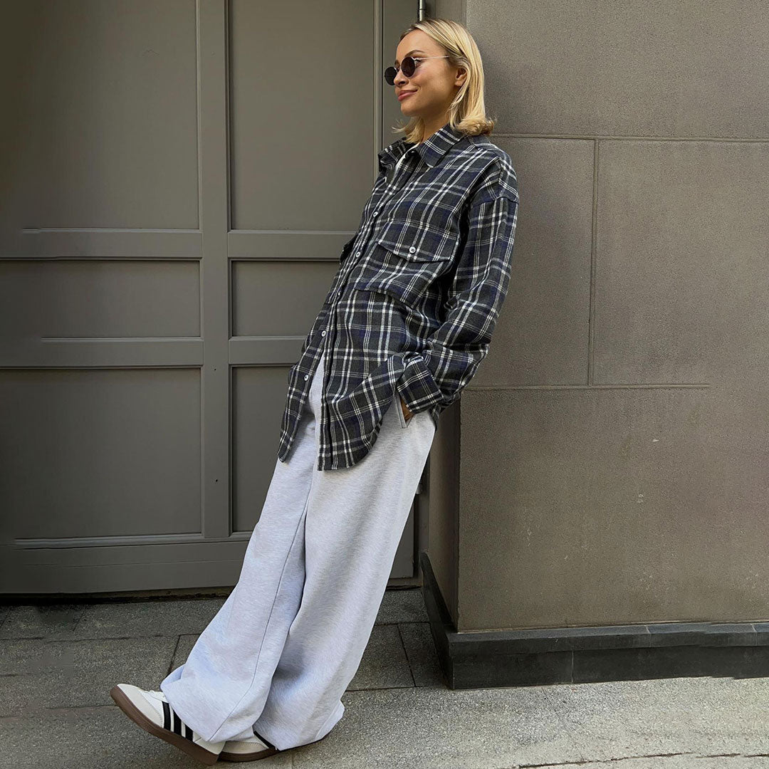 Langes Oversize-Karohemd Mit Retro-Kragen Und Knopfleiste