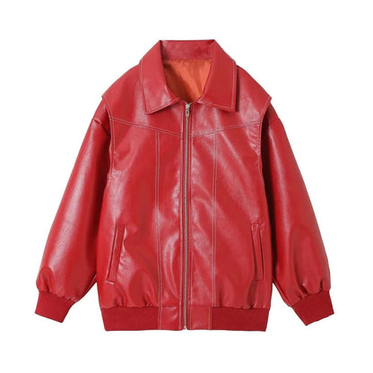 Oversize-Kunstlederjacke Mit Retro-Kragen, Reißverschluss Und Kontrastnähten