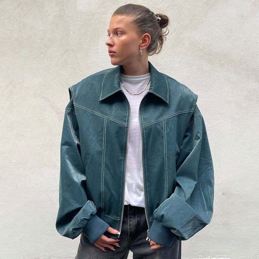 Oversize-Kunstlederjacke Mit Retro-Kragen, Reißverschluss Und Kontrastnähten