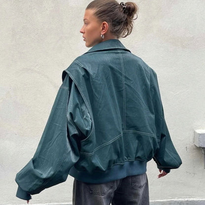 Oversize-Kunstlederjacke Mit Retro-Kragen, Reißverschluss Und Kontrastnähten