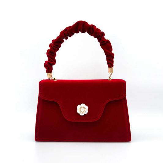 Retro Faux Wildleder Faltbare Blumen Detaillierte Rüschen Griff Clutch Tasche - Rot