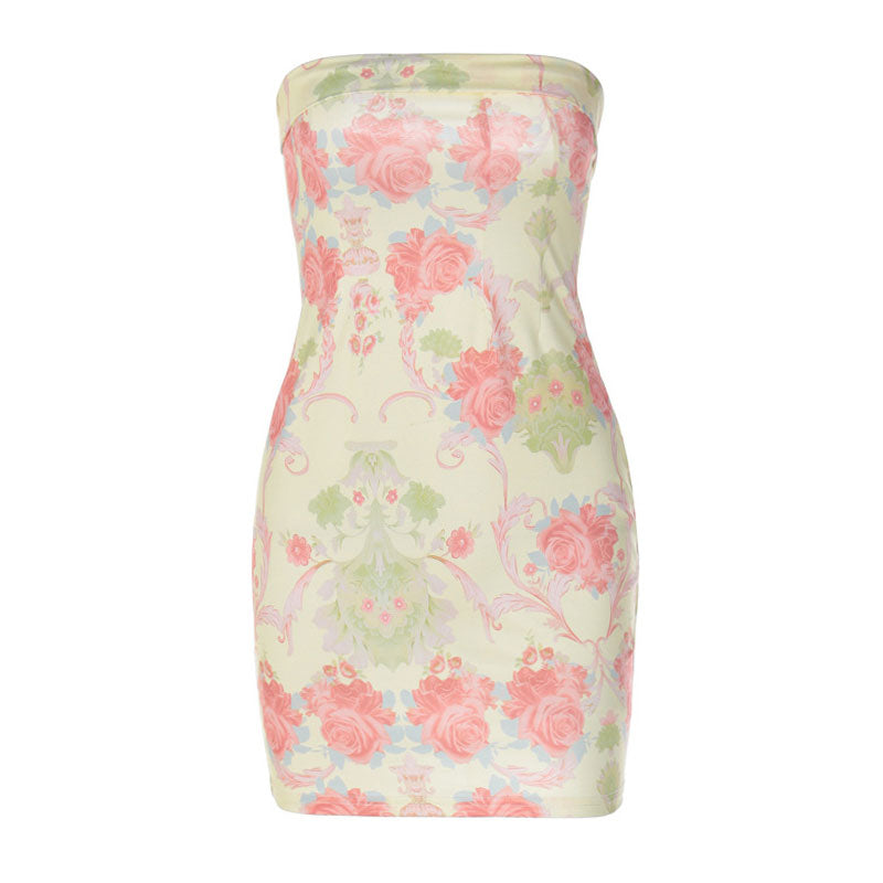 Retro Blumenmuster Faltbares Trägerloses Minikleid - Beige