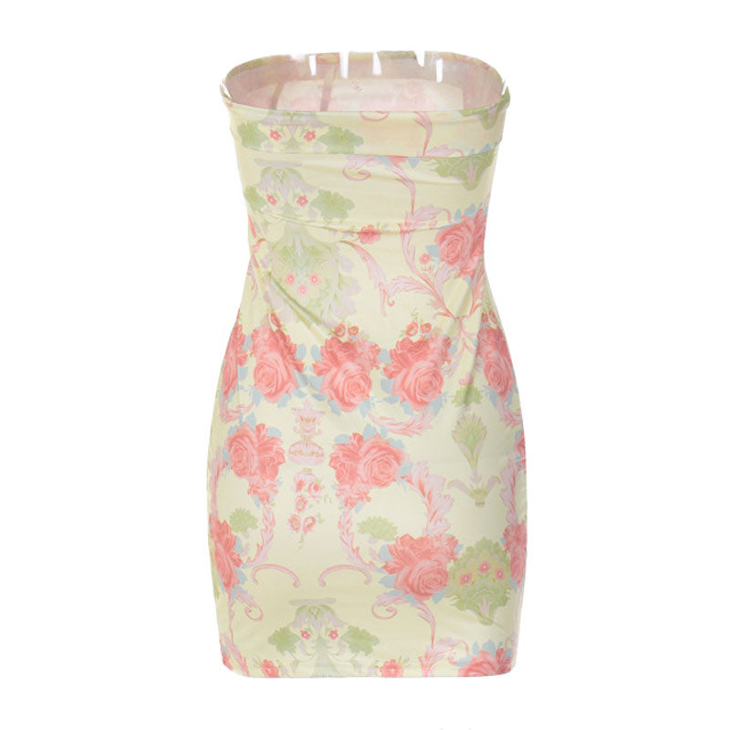 Retro Blumenmuster Faltbares Trägerloses Minikleid - Beige