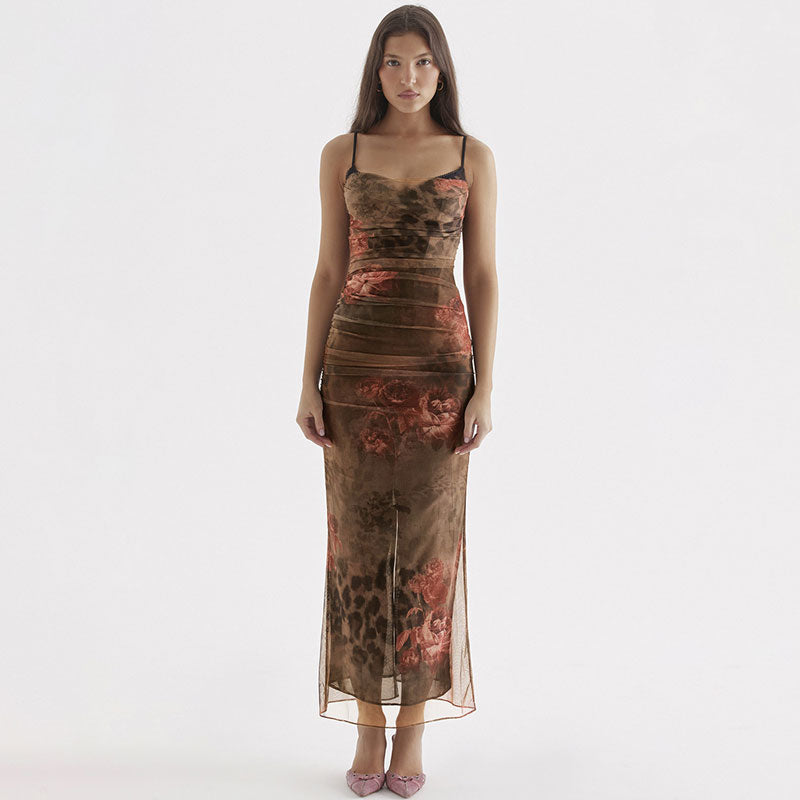 Vintage Blumendruck Mesh Corsage Bodycon Maxikleid - Braun
