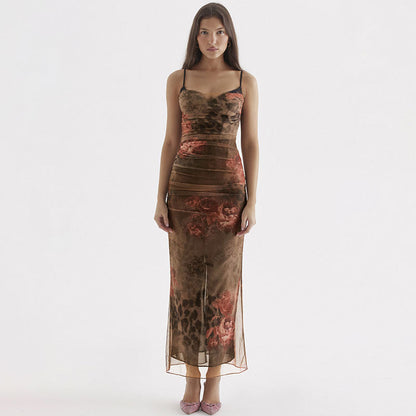 Vintage Blumendruck Mesh Corsage Bodycon Maxikleid - Braun